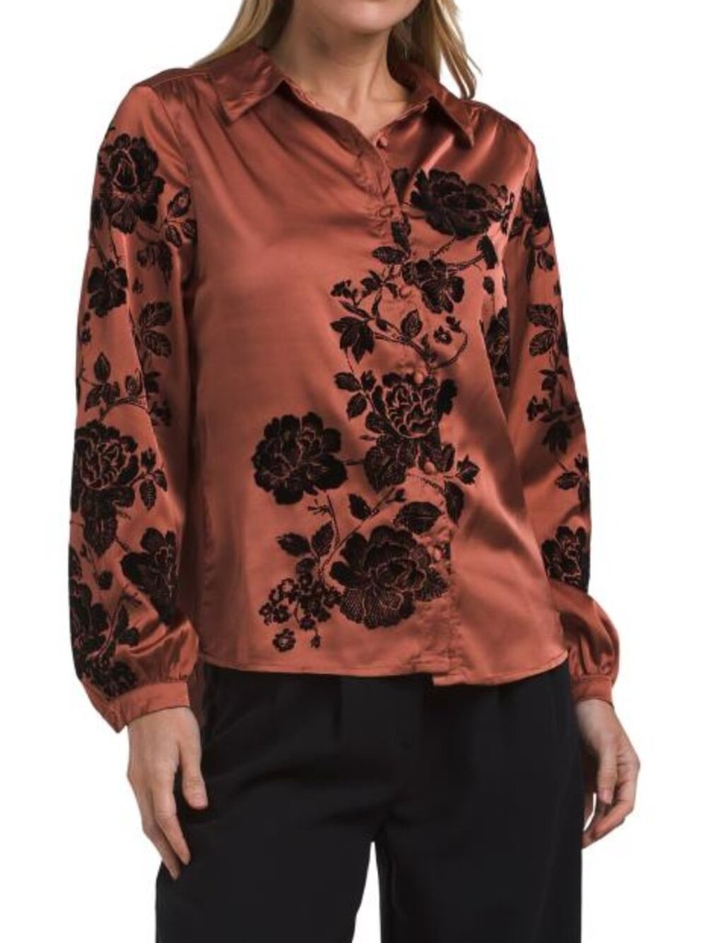 BADGLEY MISCHKA Long Sleeve Collared Button Down Top With Flocked Details